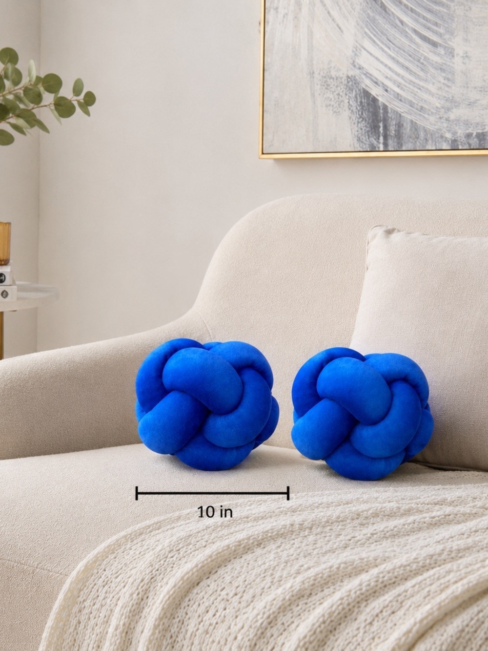 Decorative Knot Throw Pillows Blue Plush Velvet Set of 2 NEW